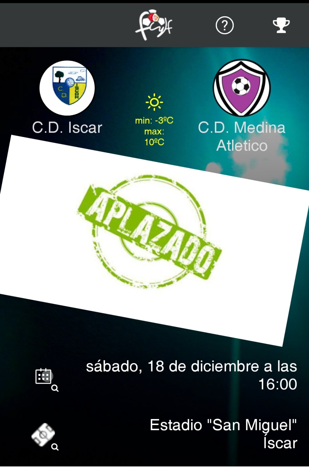 Aplazado el partido contra el Medina&nbsp;Atlético