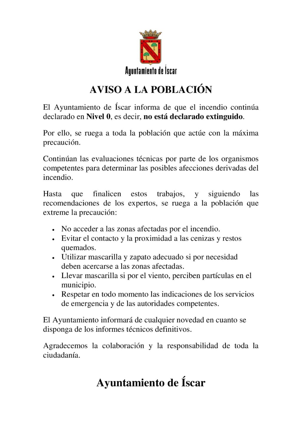 AVISO A LA&nbsp;POBLACIÓN